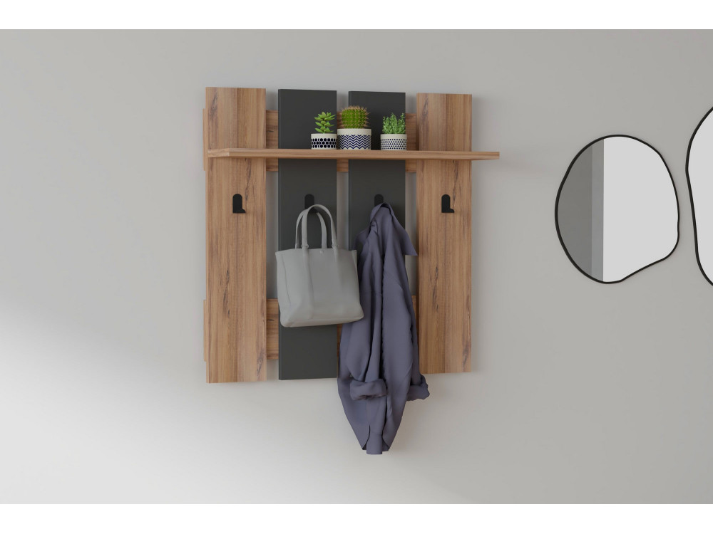 Perchero de pared "Mita" con estante de madera - 70 x 14 x 70 cm - Gris antracita