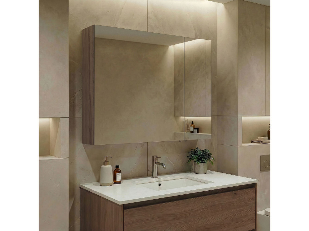Mueble de baño con espejo «Side 80» - 79 x 16 x 66 cm - Nogal oscuro