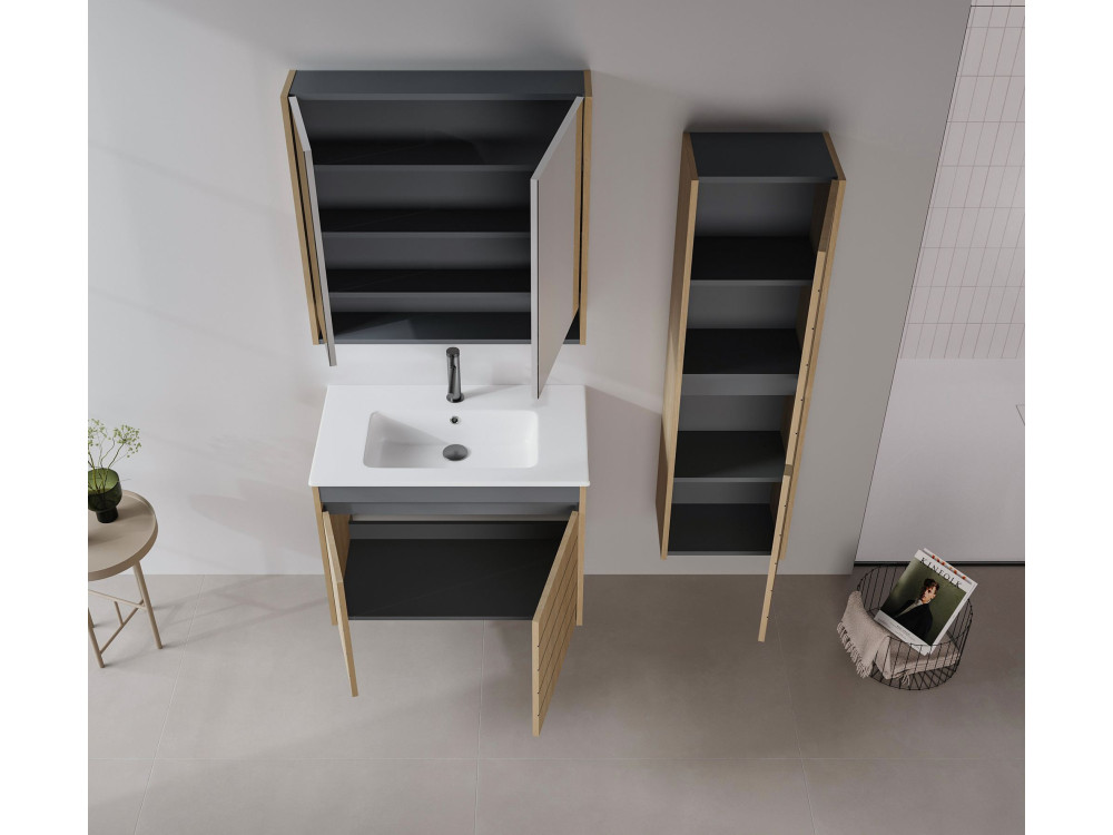 Mueble de baño con espejo «Ricato 80» - 80 x 16 x 78 cm - Nogal