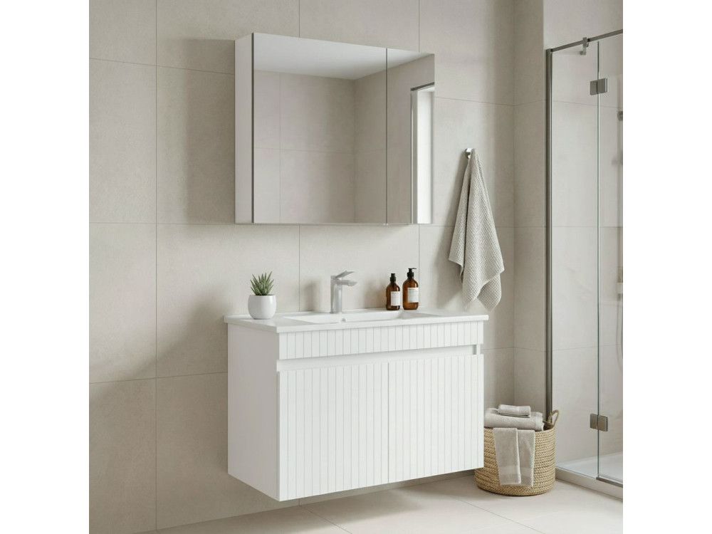 Conjunto de mueble con lavabo y espejo (2 piezas) «Tivoli 85» - 85 x 45 x 57 cm - Blanco mate