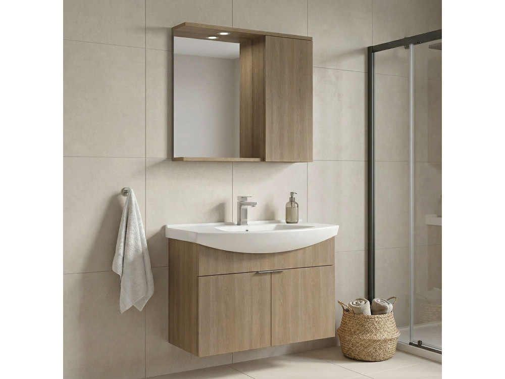 Conjunto de mueble con lavabo y espejo (2 piezas) «Purus 80» - 80 x 50 x 58 cm - Roble