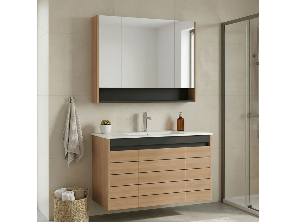 Conjunto de mueble con lavabo y espejo (2 piezas) «Ricato 100» -  cm - Roble