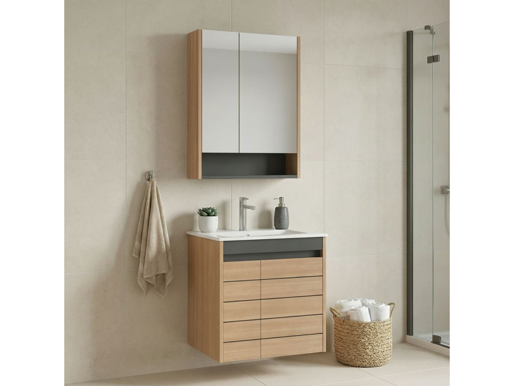 Conjunto de mueble con lavabo y espejo (2 piezas) «Ricato 60» - 61 x 47 x 62 cm - Roble