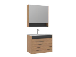 Conjunto de mueble con lavabo y espejo (2 piezas) «Ricato 80» - 81 x 47 x 62 cm - Roble