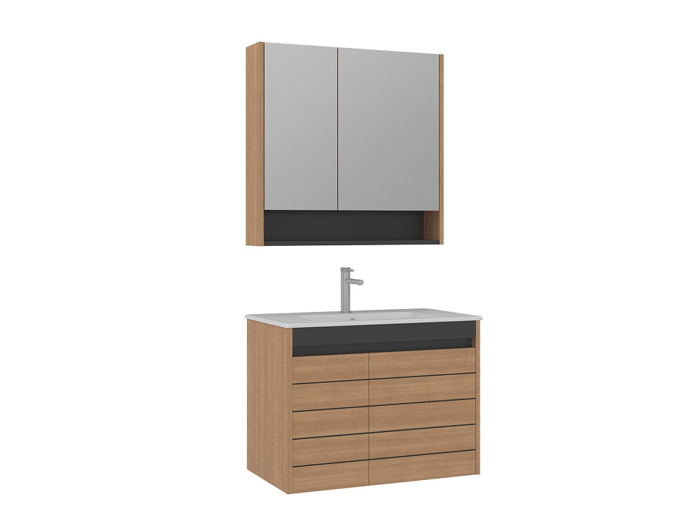 Conjunto de mueble con lavabo y espejo (2 piezas) «Ricato 80» - 81 x 47 x 62 cm - Roble