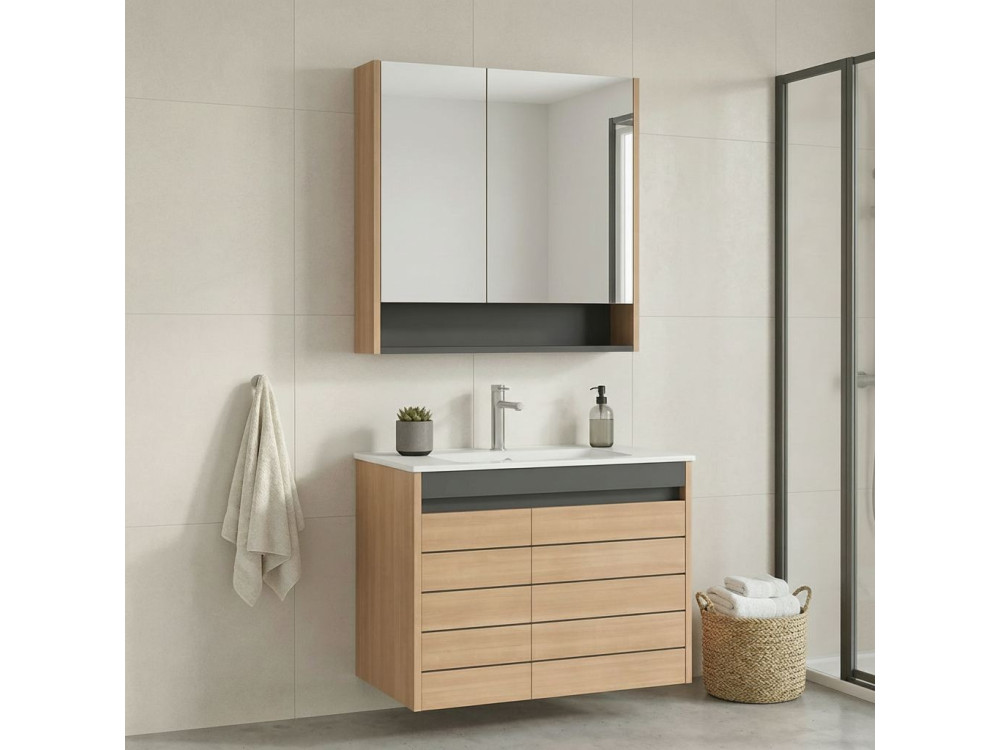 Conjunto de mueble con lavabo y espejo (2 piezas) «Ricato 80» - 81 x 47 x 62 cm - Roble