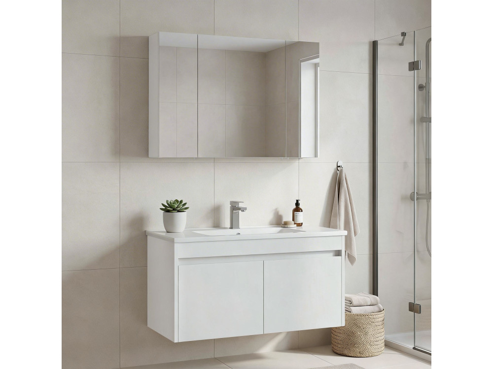 Conjunto de mueble con lavabo y espejo (2 piezas) «Side 100 v3» - 100 x 45 x 52 cm - Blanco mate