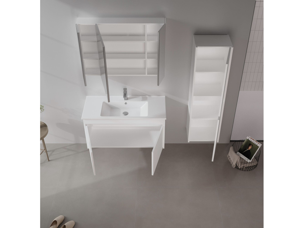 Conjunto de mueble con lavabo y espejo (2 piezas) «Side 100 v3» - 100 x 45 x 52 cm - Blanco mate