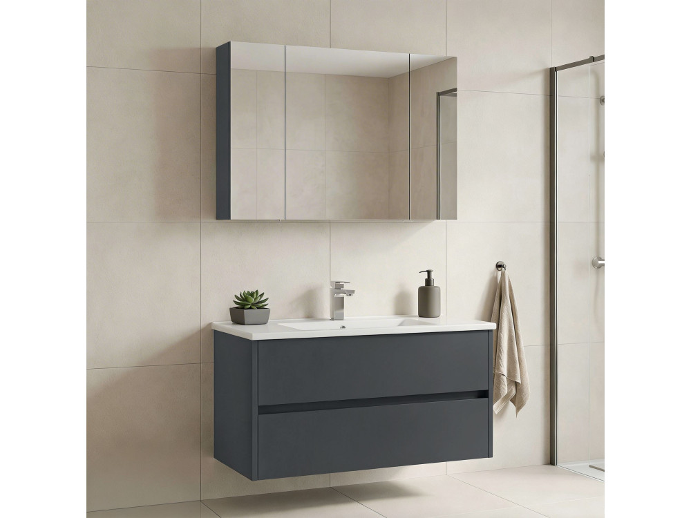 Conjunto de mueble con lavabo y espejo (2 piezas) «Side 100 v3» - 100 x 16 x 52 cm - Antracita mate