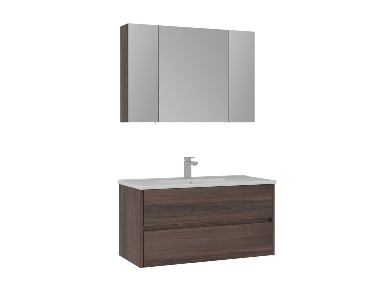 Conjunto de mueble con lavabo y espejo (2 piezas) «Side 100 v3» - 100 x 16 x 52 cm - Nogal