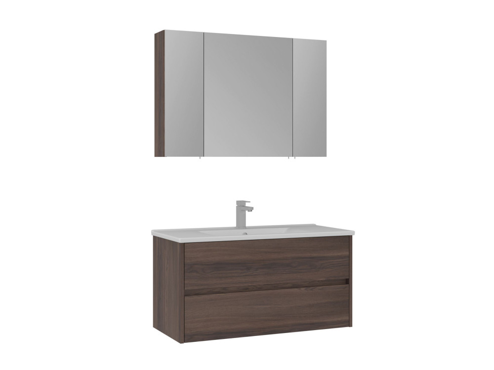 Conjunto de mueble con lavabo y espejo (2 piezas) «Side 100 v3» - 100 x 16 x 52 cm - Nogal