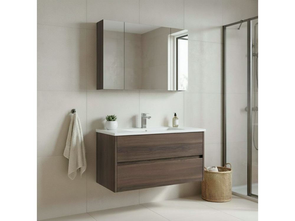 Conjunto de mueble con lavabo y espejo (2 piezas) «Side 100 v3» - 100 x 16 x 52 cm - Nogal