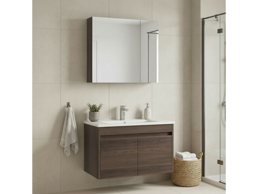 Conjunto de mueble con lavabo y espejo (2 piezas) «Side 100 v3» - 85 x 45 x 52 cm - Nogal