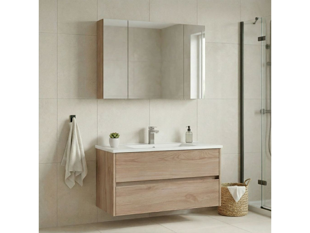 Conjunto de mueble con lavabo y espejo (2 piezas) «Side 100 v3» - 100 x 16 x 52 cm - Roble
