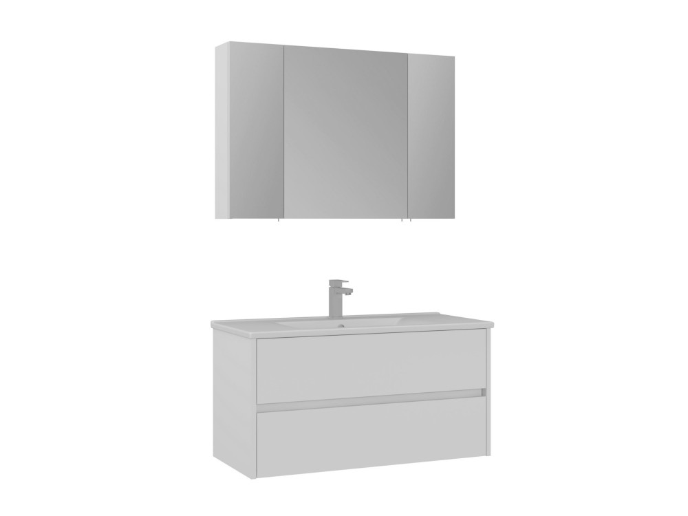 Conjunto de mueble con lavabo y espejo (2 piezas) «Side 100 v3» - 100 x 16 x 52 cm - Blanco mate