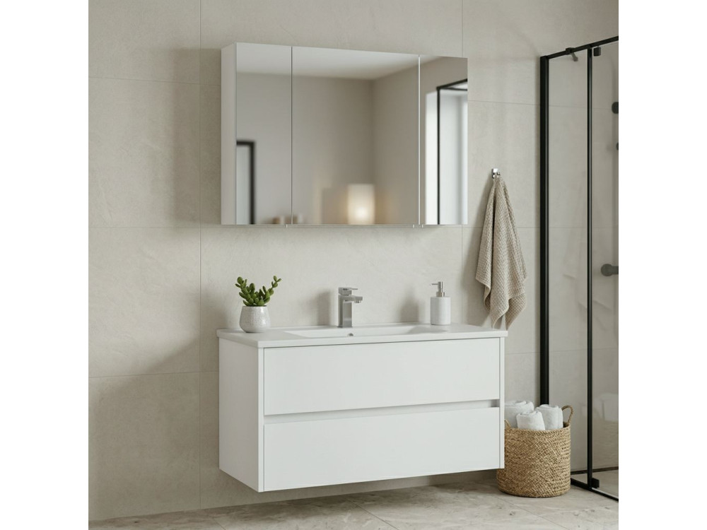 Conjunto de mueble con lavabo y espejo (2 piezas) «Side 100 v3» - 100 x 16 x 52 cm - Blanco mate