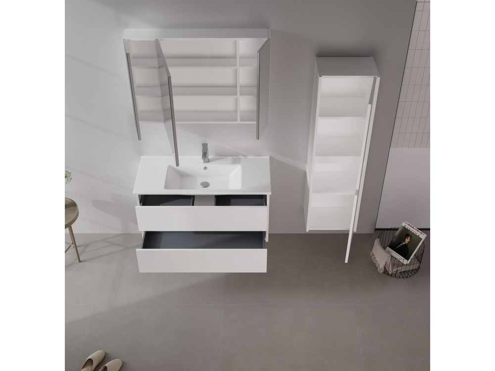 Conjunto de mueble con lavabo y espejo (2 piezas) «Side 100 v3» - 100 x 16 x 52 cm - Blanco mate