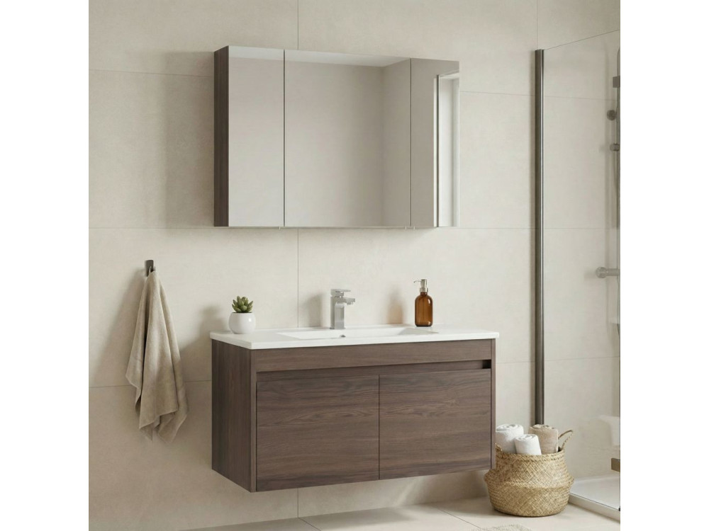 Conjunto de mueble con lavabo y espejo (2 piezas) «Side 100 v3» - 100 x 45 x 52 cm - Nogal