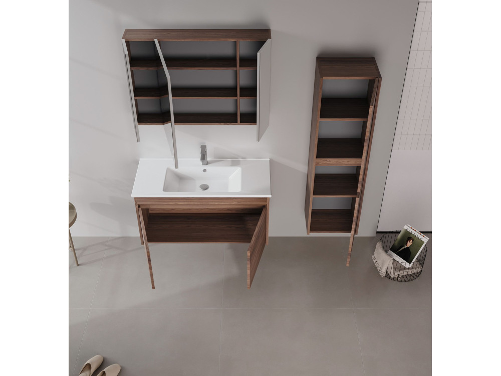 Conjunto de mueble con lavabo y espejo (2 piezas) «Side 100 v3» - 100 x 45 x 52 cm - Nogal