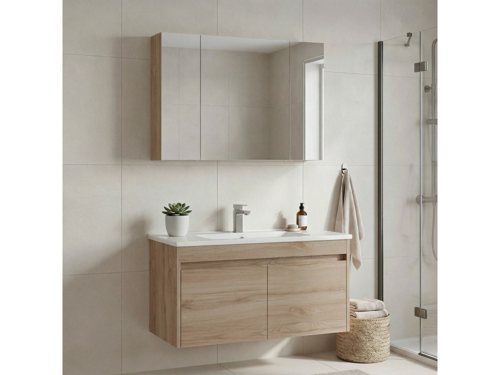Conjunto de mueble con lavabo y espejo (2 piezas) «Side 100 v3» - 100 x 45 x 52 cm - Roble