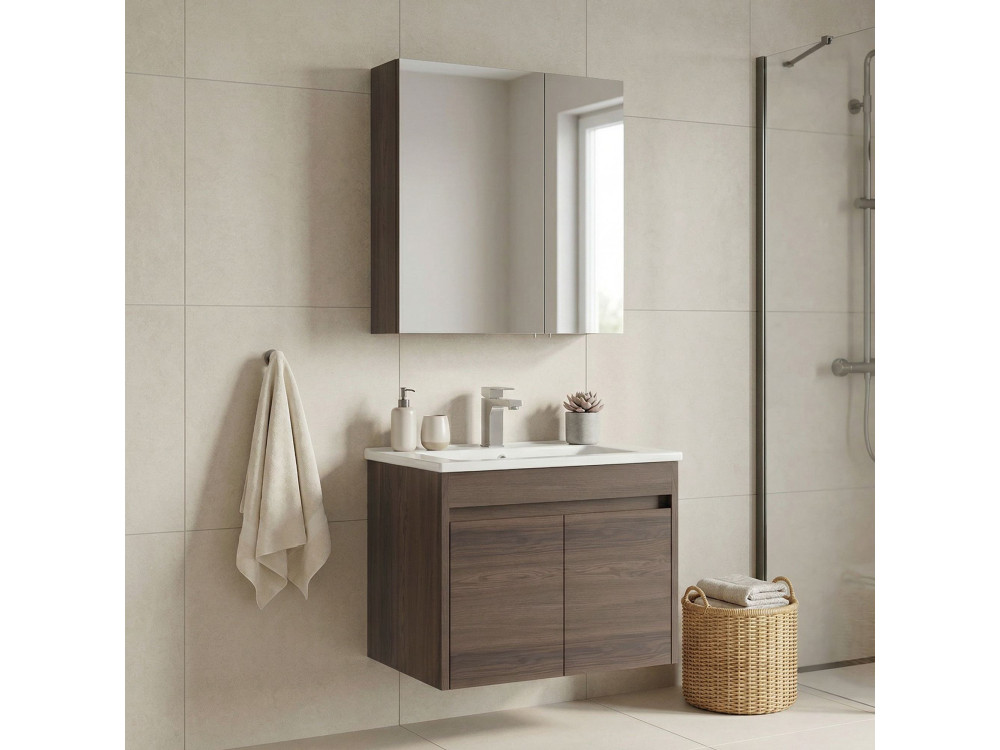 Conjunto de mueble con lavabo y espejo (2 piezas) «Side 65 v2» - 65 x 45 x 52 cm - Nogal