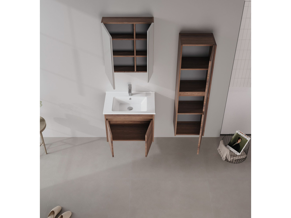 Conjunto de mueble con lavabo y espejo (2 piezas) «Side 65 v2» - 65 x 45 x 52 cm - Nogal