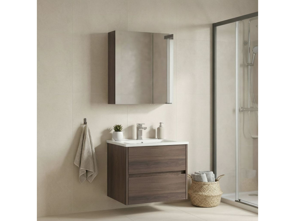 Conjunto de mueble con lavabo y espejo (2 piezas) «Side 65 v2» - 65 x 45 x 52 cm - Nogal