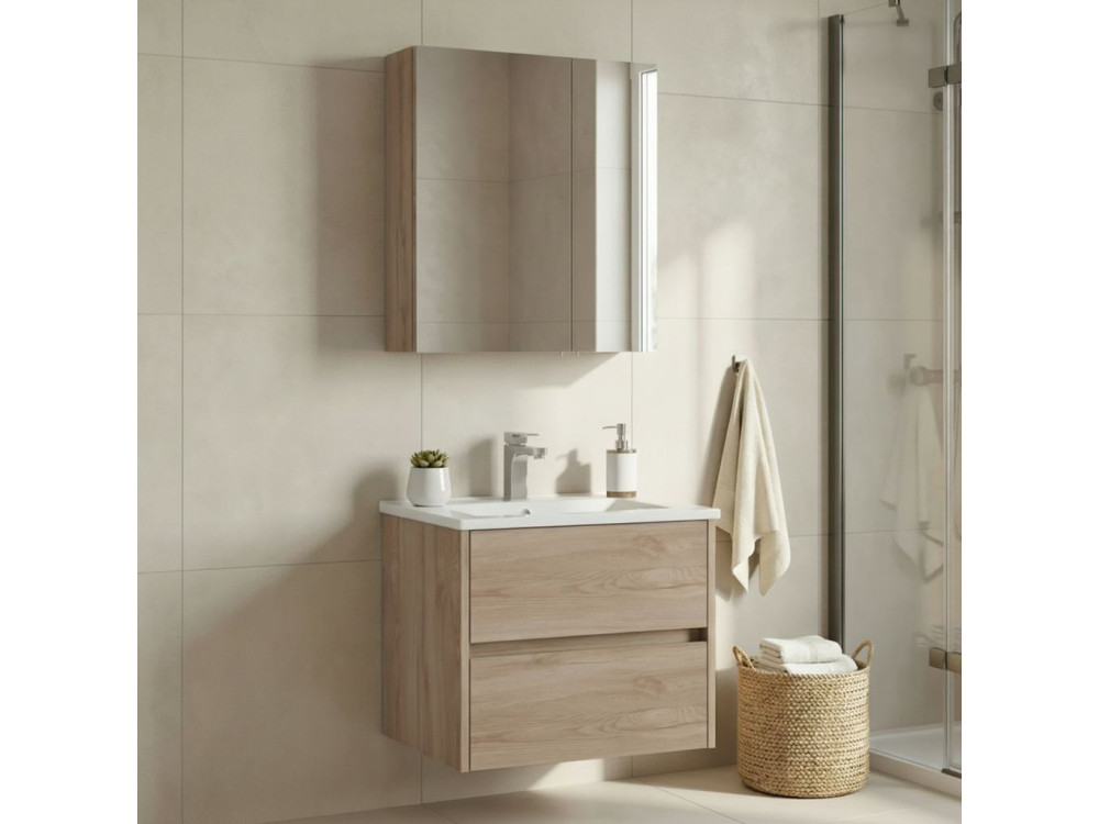 Conjunto de mueble con lavabo y espejo (2 piezas) «Side 65 v2» - 65 x 45 x 52 cm - Roble