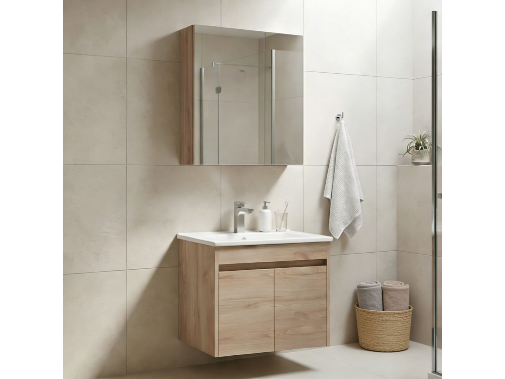Conjunto de mueble con lavabo y espejo (2 piezas) «Side 65 v2» - 65 x 45 x 52 cm - Roble