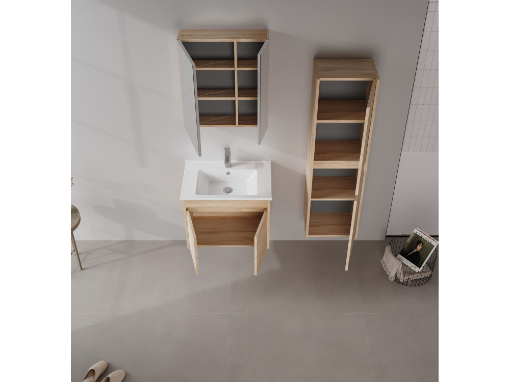 Conjunto de mueble con lavabo y espejo (2 piezas) «Side 65 v2» - 65 x 45 x 52 cm - Roble