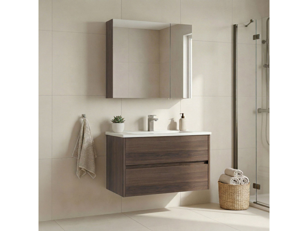 Conjunto de mueble con lavabo y espejo (2 piezas) «Side 85 v2» - 85 x 45 x 52 cm - Nogal