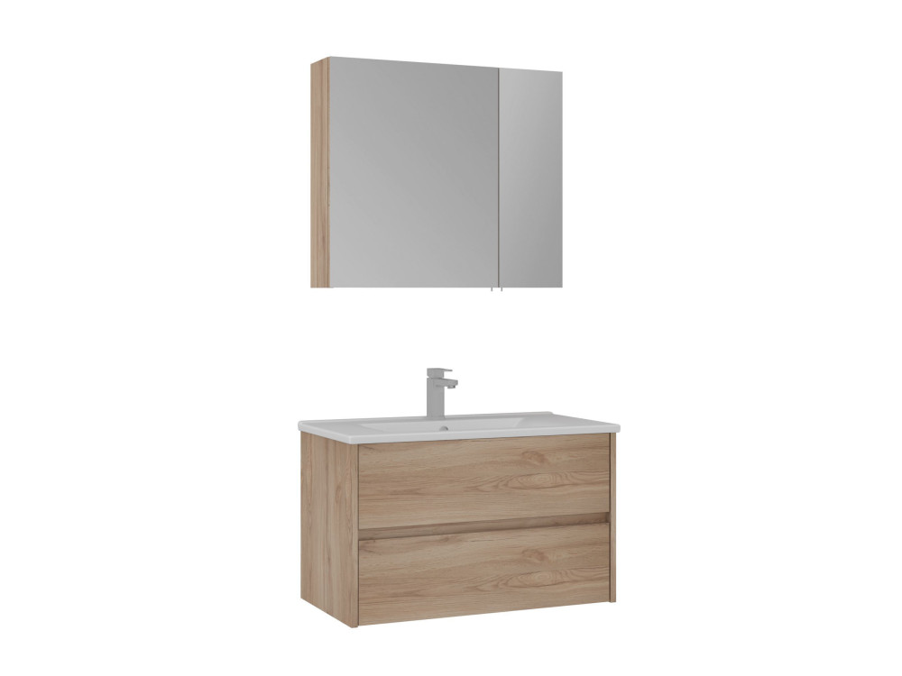 Conjunto de mueble con lavabo y espejo (2 piezas) «Side 85 v2» - 85 x 45 x 52 cm - Roble