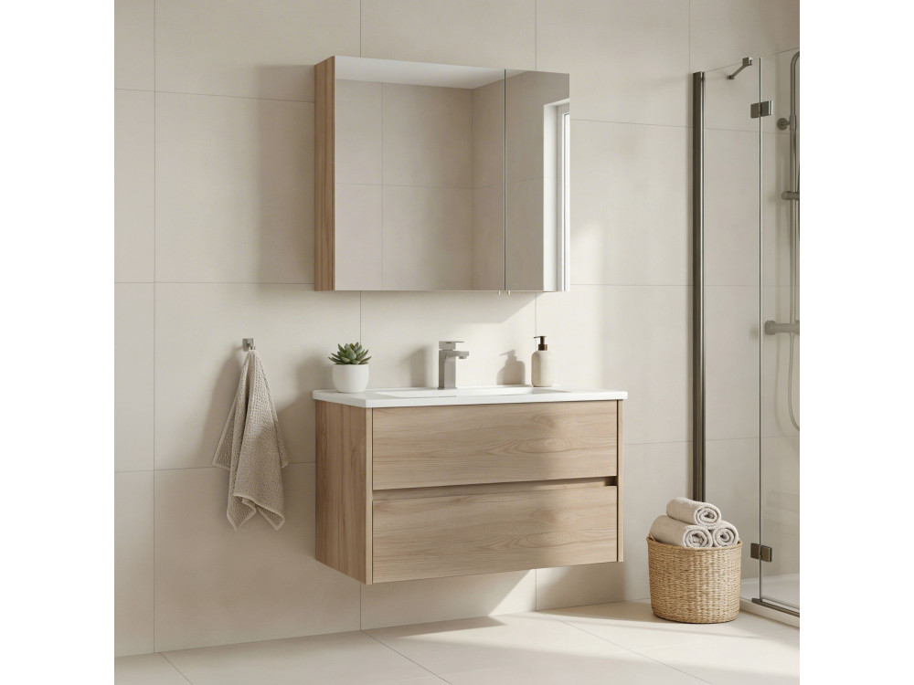 Conjunto de mueble con lavabo y espejo (2 piezas) «Side 85 v2» - 85 x 45 x 52 cm - Roble