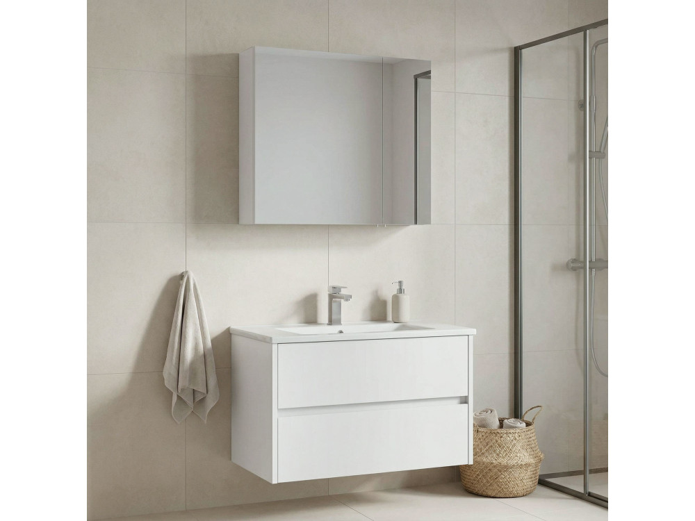 Conjunto de mueble con lavabo y espejo (2 piezas) «Side 85 v2» - 85 x 45 x 52 cm - Blanco mate