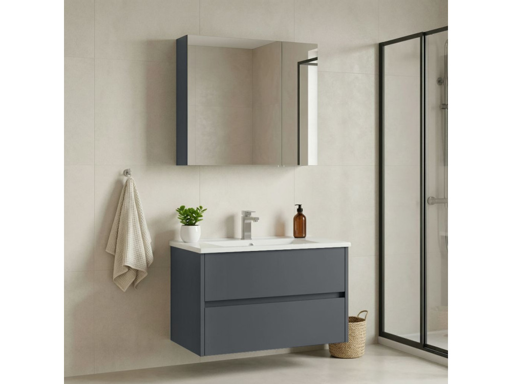 Conjunto de mueble con lavabo y espejo (2 piezas) «Side 85 v2» - 85 x 45 x 52 cm - Antracita mate