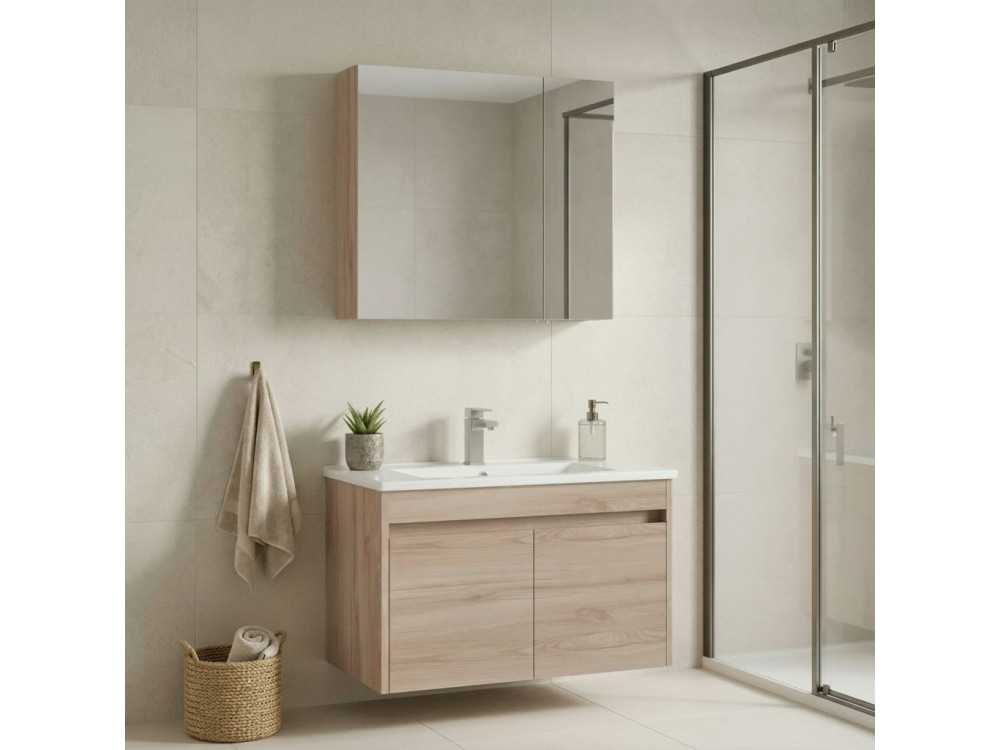 Conjunto de mueble con lavabo y espejo (2 piezas) «Side 85 v2» - 85 x 45 x 52 cm - Roble