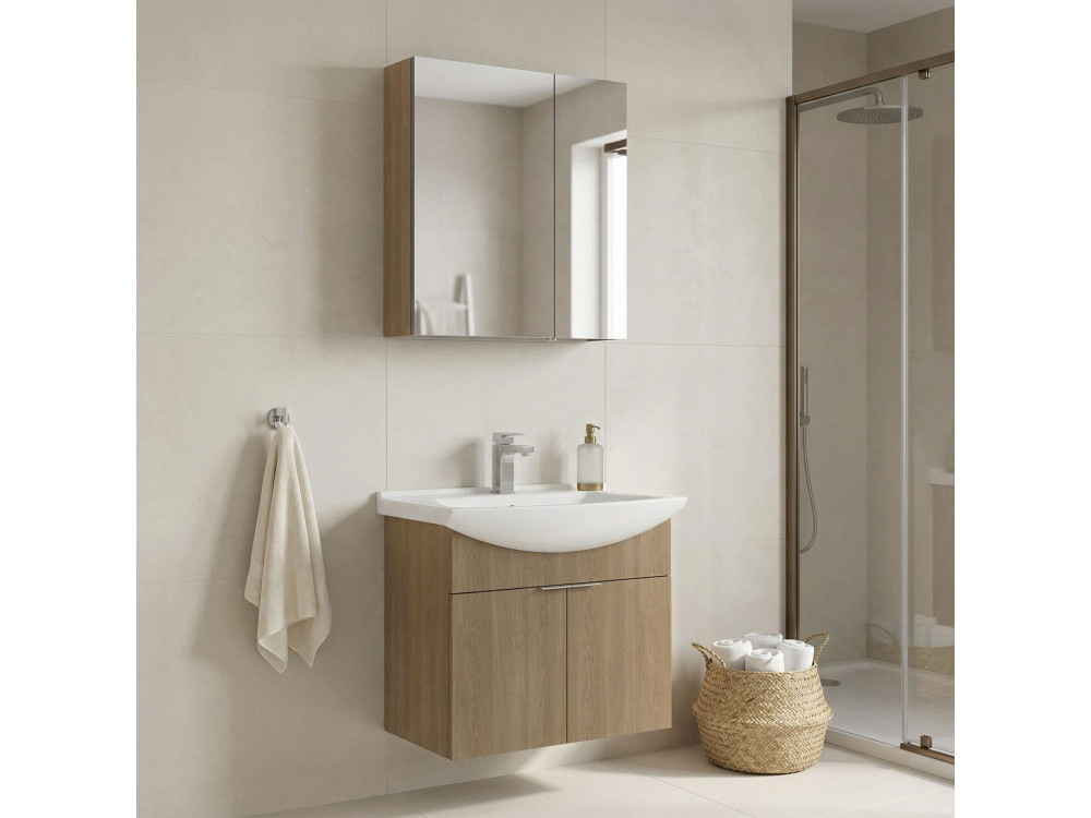 Conjunto de mueble con lavabo y espejo (2 piezas) «Purus 65» - 65 x 50 x 58 cm - Roble