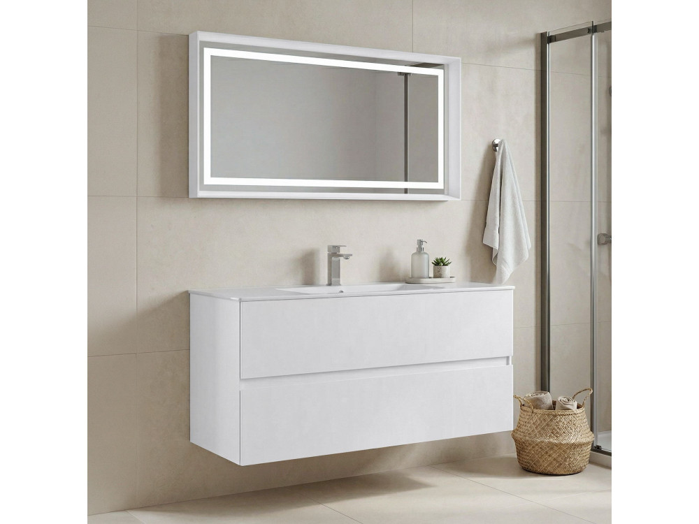 Conjunto de mueble con lavabo y espejo (2 piezas) «Nest 121 v2» - 121 x 51 x 55 cm - Blanco mate