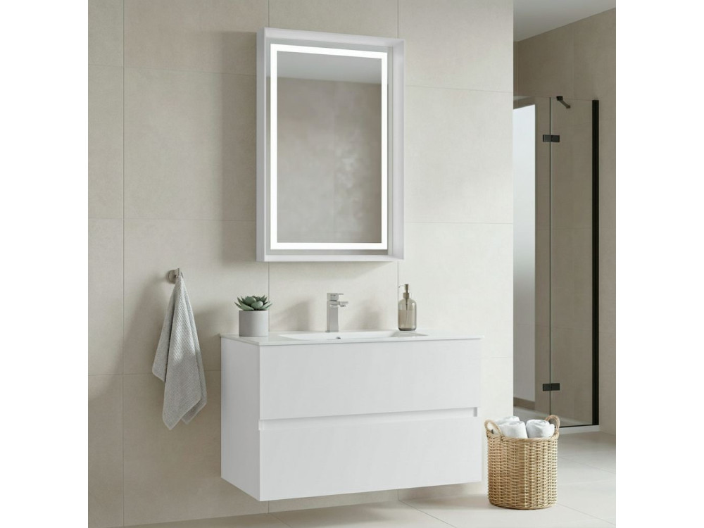 Conjunto de mueble con lavabo y espejo (2 piezas) «Nest 91 v2» - 91 x 51 x 55 cm - Blanco mate