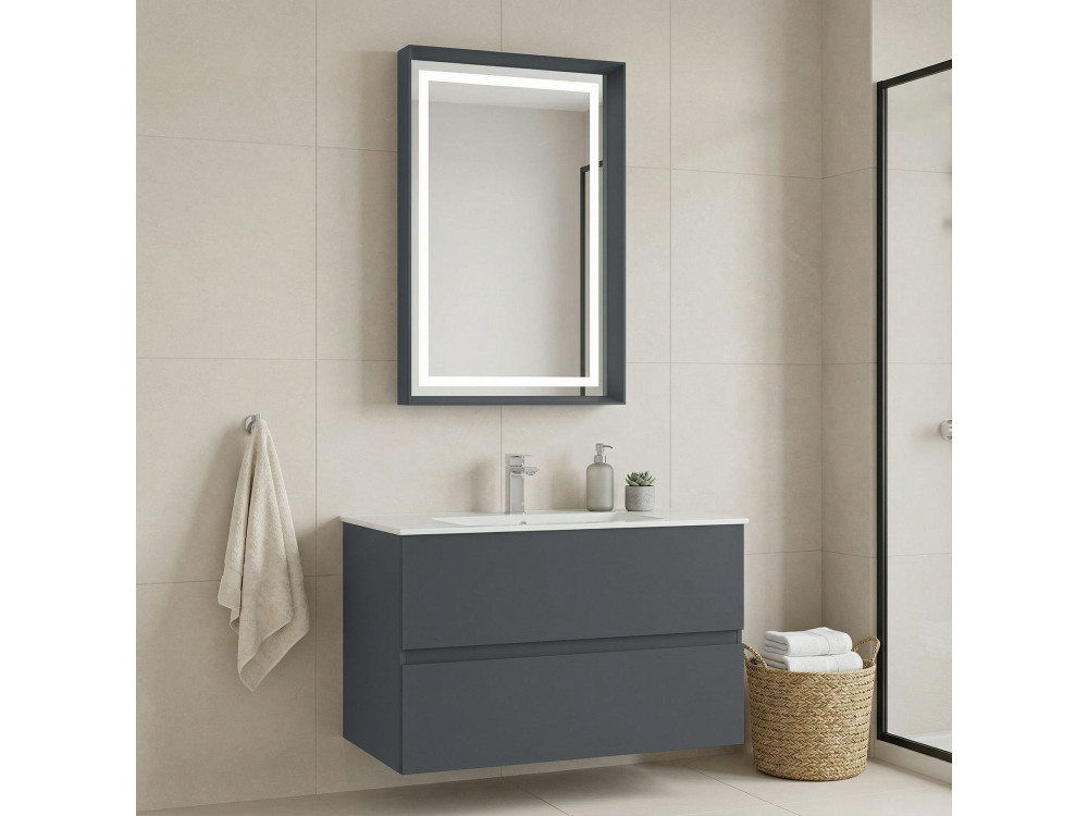 Conjunto de mueble con lavabo y espejo (2 piezas) «Nest 91 v2» - 91 x 51 x 55 cm - Antracita mate