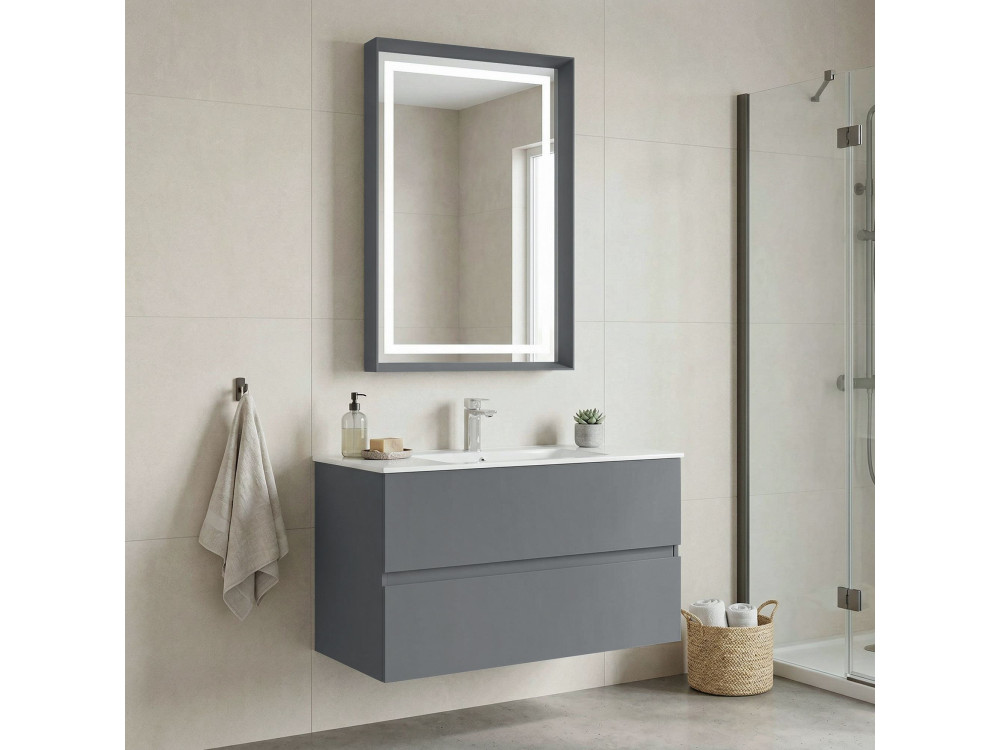 Conjunto de mueble con lavabo y espejo (2 piezas) «Nest 91 v2» - 91 x 51 x 55 cm - Gris mate