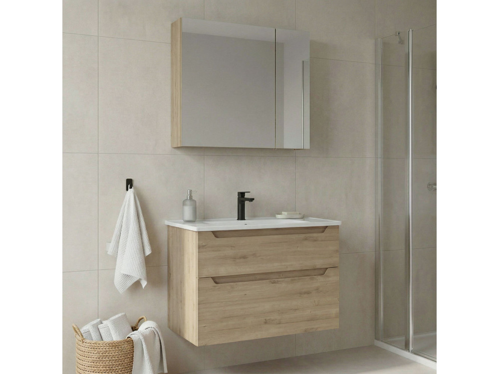Conjunto de mueble con lavabo y espejo (2 piezas) «Messina 85 v2» - 85 x 45 x 55 cm - Roble