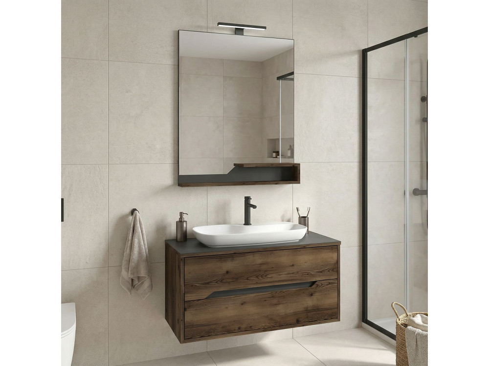 Conjunto de mueble con lavabo y espejo (2 piezas) «Galia 100 v2» - 100 x 50 x 50 cm - Nogal