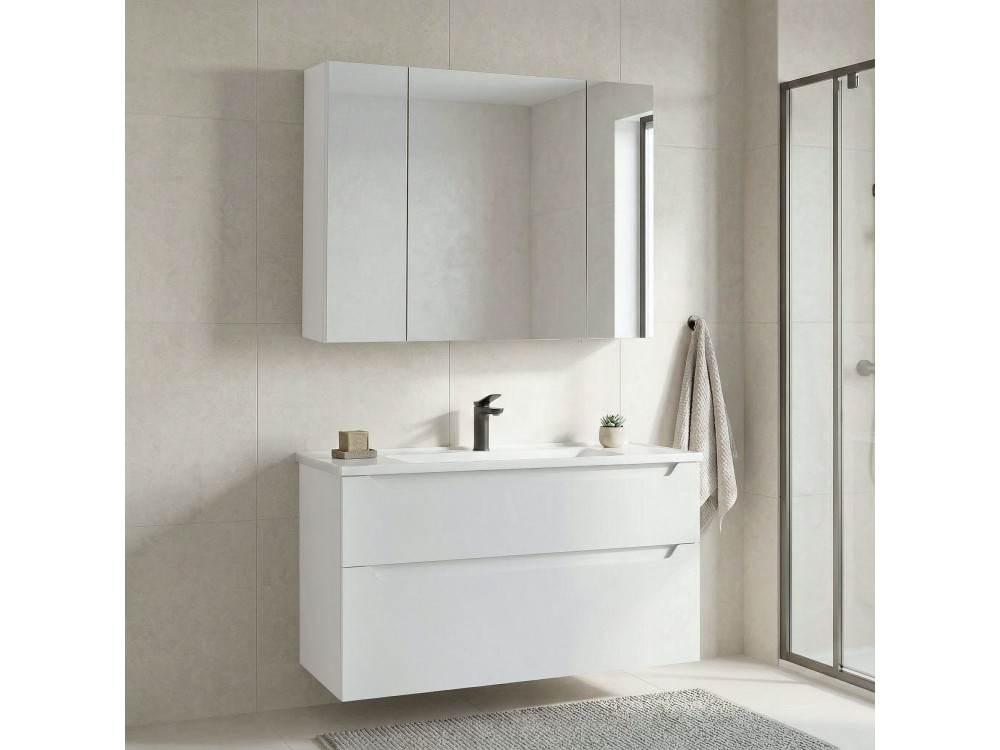 Conjunto de mueble con lavabo y espejo (2 piezas) «Messina 100 v2» - 100 x 45 x 55 cm - Blanco mate