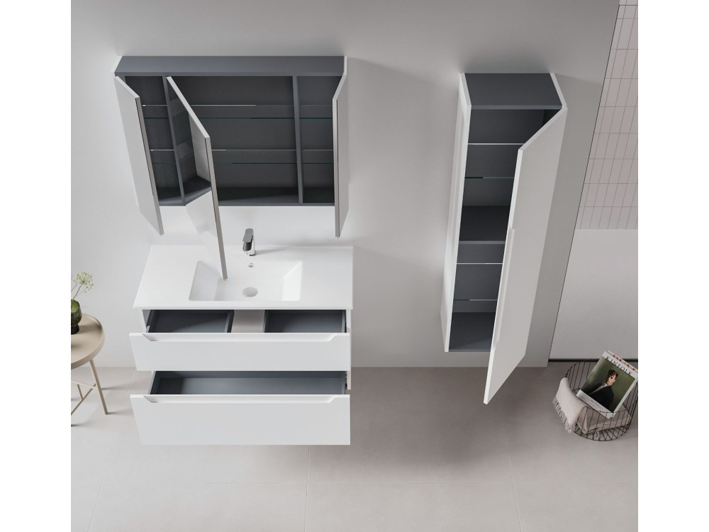Conjunto de mueble con lavabo y espejo (2 piezas) «Messina 100 v2» - 100 x 45 x 55 cm - Blanco mate