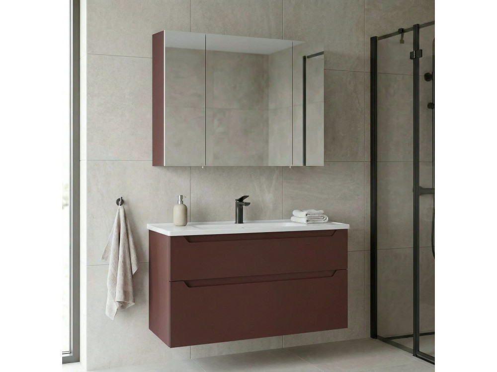 Conjunto de mueble de lavabo con espejo (2 piezas) «Messina 100 v2» - 100 x 45 x 55 cm - Rojo mate