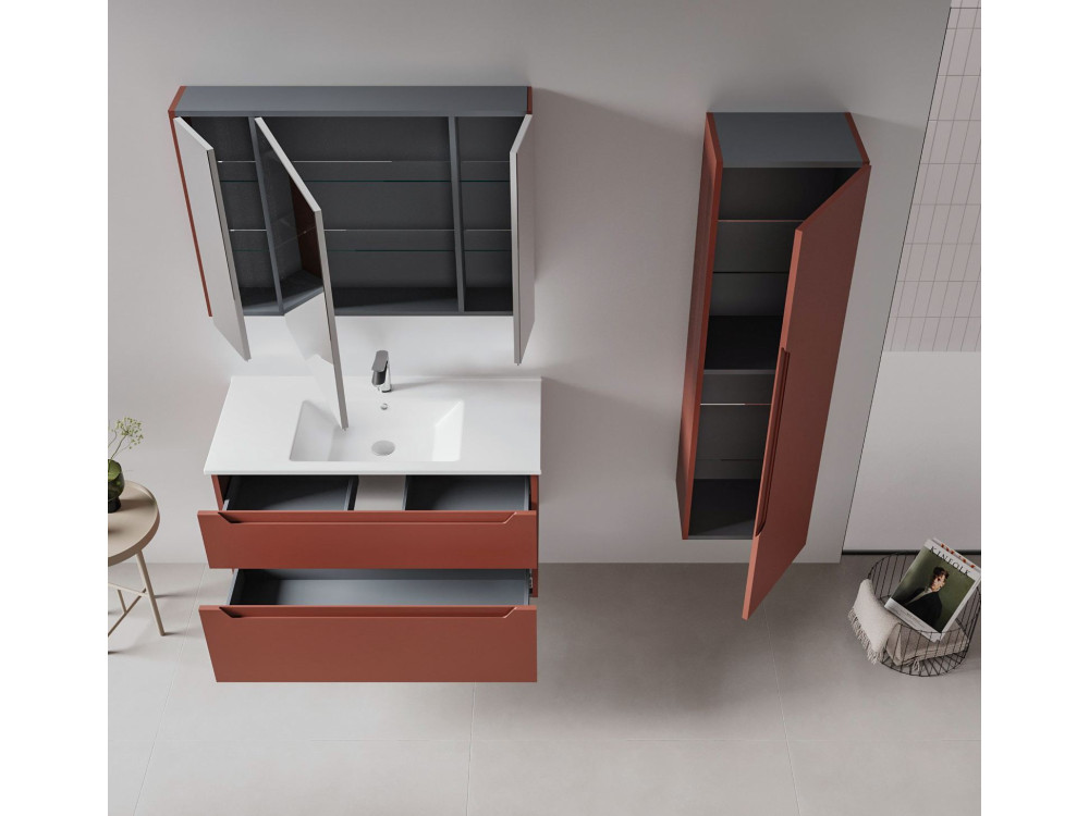 Conjunto de mueble de lavabo con espejo (2 piezas) «Messina 100 v2» - 100 x 45 x 55 cm - Rojo mate