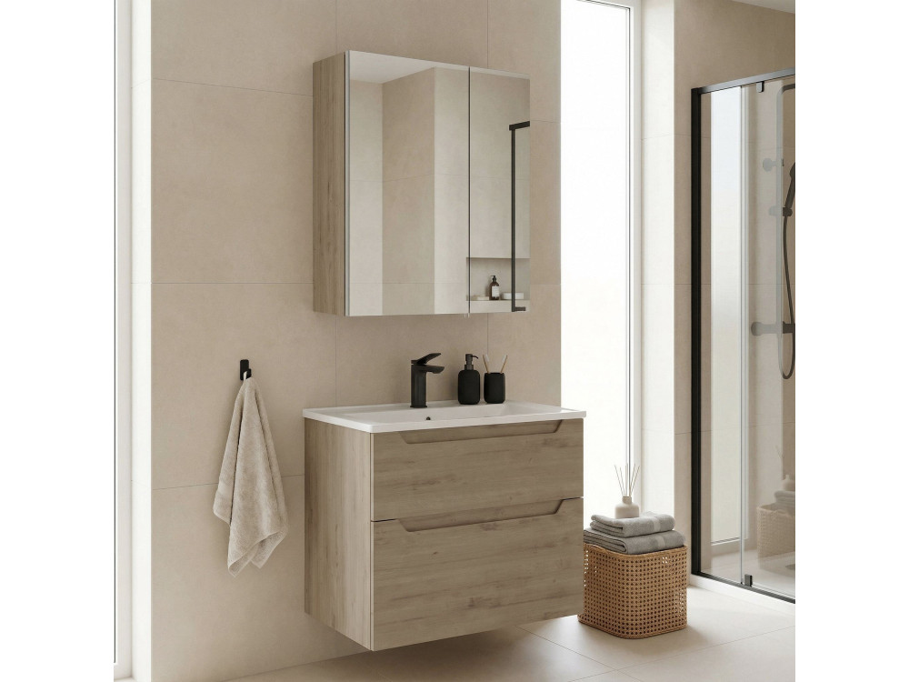 Conjunto de mueble de lavabo con espejo (2 piezas) «Messina 65 v2» - 65 x 45 x 55 cm - Roble