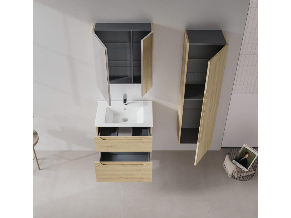 Conjunto de mueble de lavabo con espejo (2 piezas) «Messina 65 v2» - 65 x 45 x 55 cm - Roble