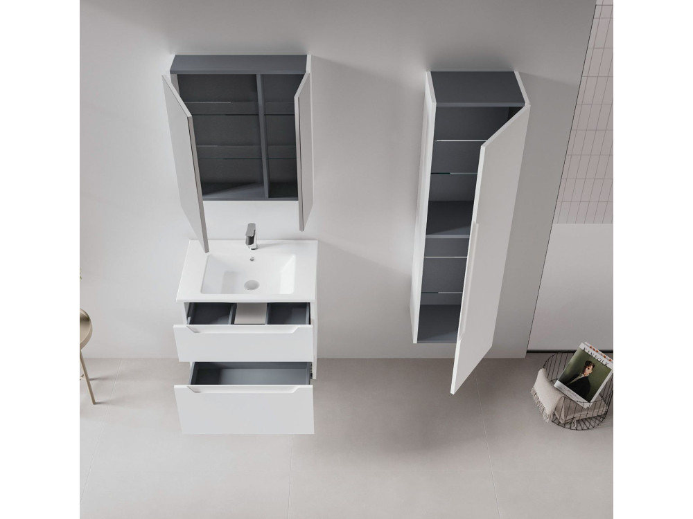 Conjunto de mueble de lavabo con espejo (2 piezas) «Messina 65 v2» - 65 x 45 x 55 cm - Blanco mate